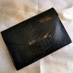 *sold* Danier black leather minimalist clutch, embossed snakeskin pattern purse
